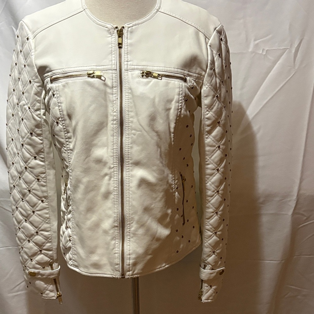 Kate & Mallory Cream Quilted-Sleeve Zip Faux Leather Jacket with Gold Hardware